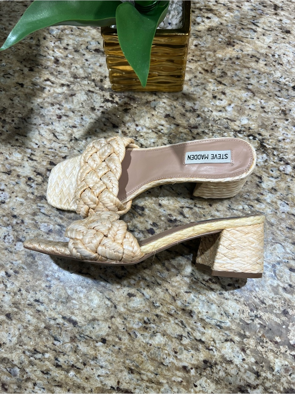 Steve Madden Beige Niah Square Toe Braided Jute Block Heel Sandals 9.5M